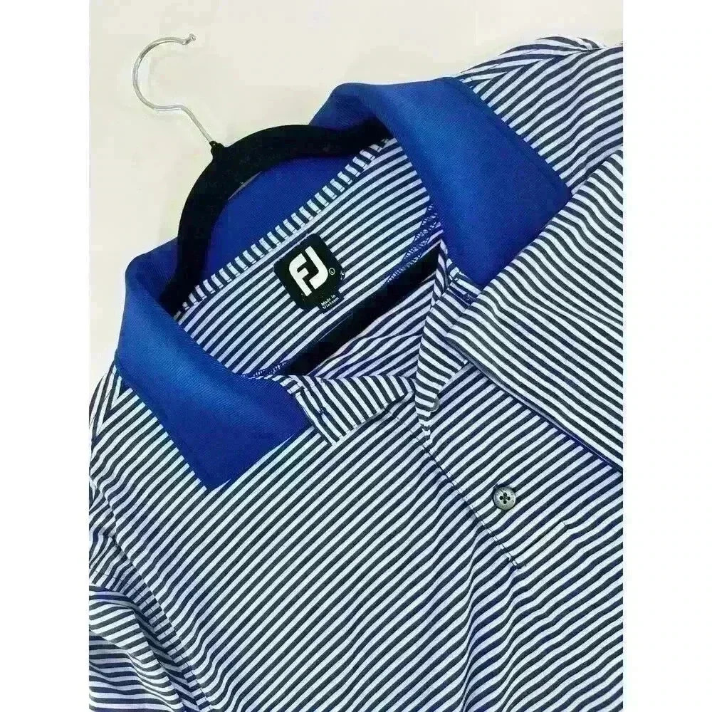 Footjoy Men's Short Sleeve Polo Shirt Size Large Blue White Stripe Golf Preppy